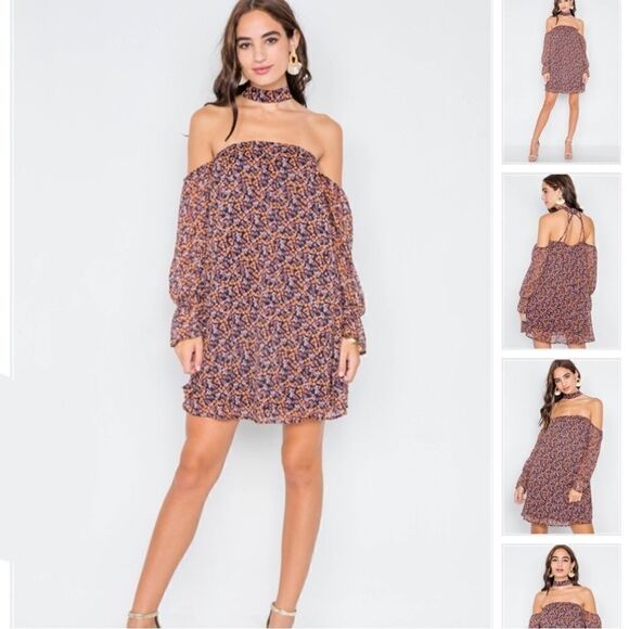 Lulu's En Creme Off The Shoulder Strappy Cage Back Long Sleeve Choker Neck Dress - Picture 1 of 6